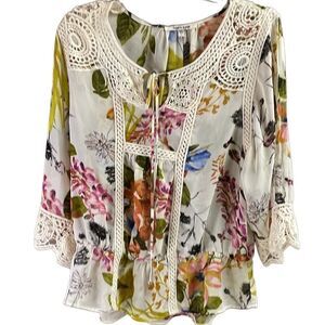 DANIELRAINN Floral Crochet Lace Boho Sheer Peasant Blouse Womens Blouse SZ L
